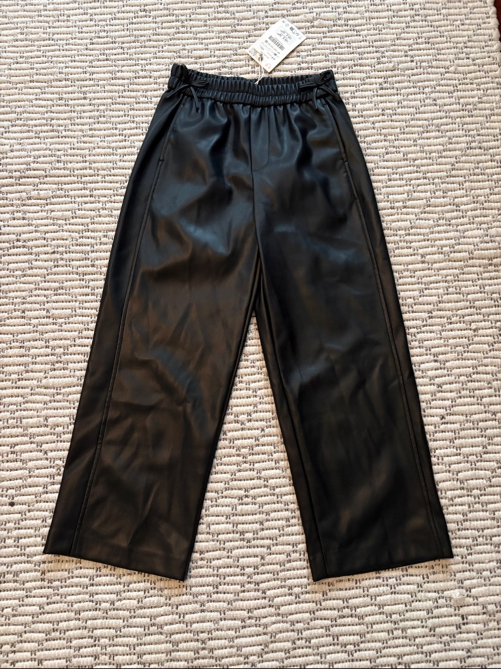 Zara Black Faux Leather Wide-Leg Kids Pants size 8/9 NWT
